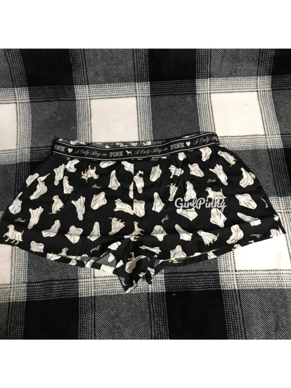 VS PINK SILKY SLEEP BOXY PAJAMA SHORTS BLACK WITH GHOST DOGS SIZE XS-XL
